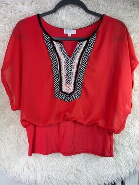 Joseph A Red Orange Embellished V-Neck Women's Top